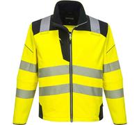 Portwest T402 Men's PW3 Hi Vis Safety Jacket - Windproof Water Resistant High Visibility Reflective Softshell Jacket Yellow/Black, X-Small