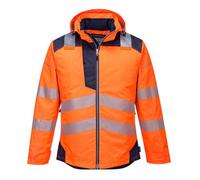 Portwest T400 Men's PW3 Lightweight Hi Vis Hooded Work Jacket Reflective Full Zip Safety Utility Quilt Lined Waterproof Workwear Orange/Navy, Large