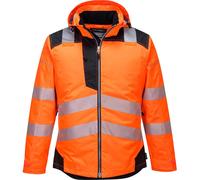 Portwest T400 Men's PW3 Lightweight Hi Vis Hooded Work Jacket Reflective Full Zip Safety Utility Quilt Lined Waterproof Workwear Orange/Black, XX-Large