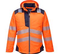 Portwest T400 Men's PW3 Lightweight Hi Vis Hooded Work Jacket Reflective Full Zip Safety Utility Quilt Lined Waterproof Workwear Orange/Navy, XX-Large