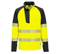 Portwest T172 PW3 Hi Vis Quarter Zip Sweatshirt Durable Cotton Rich Fabric Comfortable Fit Contrast Panels Reflective Trim Ribbed Cuffs Side Zip Pockets Modern Workwear, Yellow/Black, L