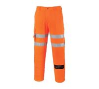 Portwest RT46 Hi Vis Rail Work Trousers Poly Cotton Water Resistant Texpel Multi Pocket Knee Pad Compatible Reflective Safety Pants Orange EN ISO 20471 RIS 3279-TOM, Tall, XXL