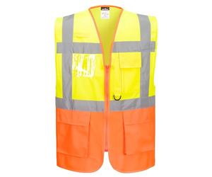 Portwest S376 Prague Hi-Vis Executive Vest Front Zip Opening Dual ID Holder | Yellow/Orange, Small, EN ISO 20471 Class 2, Two Lower Patch Pockets, Reflective Tape, 2 Side Pockets, Radio Loop, Security
