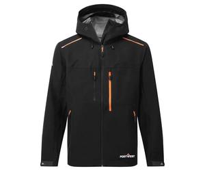 Portwest S385 Shell Jacket Long Sleeve Curved Back Hem Waterproof Crew Neck | Black, EN 343 Class 4:4, Zipped Chest Pocket, Side Zip Pockets, Hook and Loop Cuffs, Pre-Bent Sleeves, Taped Seams, Workwear