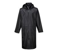 Portwest S438 Classic Rain Jacket Mens Waterproof Long Raincoat Lightweight Hooded Vented Workwear 2 Pockets Wet Weather Coat, Black, XXL