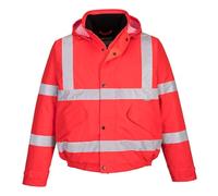 Portwest S463 Mens Hi Vis Winter Bomber Jacket Waterproof Windproof Mens Winter Workwear Padded Pack Away Hood Reflective Tape Cold Weather Coat, Red, XL