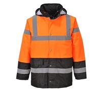 Portwest S467 Men's Hi Vis Contrast Winter Traffic Jacket EN342 CE Certified Waterproof Quilt Lined Storm Flap Reflective Tape Hood Safety Coat, Orange/Black, Large