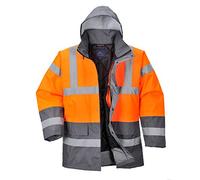 Portwest S467 Men's Hi Vis Contrast Winter Traffic Jacket EN342 CE Certified Waterproof Quilt Lined Storm Flap Reflective Tape Hood Safety Coat, Orange/Grey, Medium