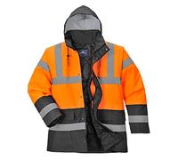 Portwest S467 Men's Hi Vis Contrast Winter Traffic Jacket EN342 CE Certified Waterproof Quilt Lined Storm Flap Reflective Tape Hood Safety Coat, Orange/Black, Medium