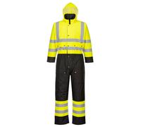 Portwest S485 Men's Hi Vis Winter Work Coveralls Waterproof 300D Polyester Protective Boiler Suit Durable Overalls Thermal Lined Workwear Rain Suit, Yellow / Black, X-Large
