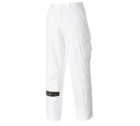 Portwest S817 Painters Trousers 2 Side Pockets Machine Washable White | White, Medium, UPF 50+, Regular Fit, Hook and Bar Closure, Elasticated Waist, Reinforced Seams, Knee Pad, Durable, Workwear