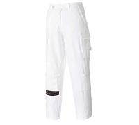 Portwest S817 Painters Trousers 2 Side Pockets Machine Washable White | White, X Small, UPF 50+, Regular Fit, Hook and Bar Closure, Elasticated Waist, Reinforced Seams, Knee Pad, Durable, Workwear