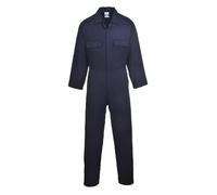 Portwest S998 Mens Euro Work Coverall Cotton Boiler Suit Breathable Medium Weight 260g Concealed Stud Front Elastic Waist Five Pocket Workwear Mechanic Engineer Industrial, Tall, Navy, S