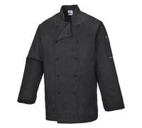 Portwest C834 Chef's Somerset Jacket Machine Washable Cuff Vents | Black, X Large, Regular Fit, Polycotton Kingsmill Twill, Mandarin Collar, Sleeve Pocket, Easy Care, Secure Storage, Catering