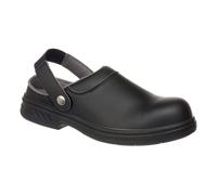 Portwest FW82 Steel Microfibre Clog Padded Collar Slip Oil Water Resistant | Black, 13, SB EN ISO 20345, CE Certified, Self-Cleaning Outsole, Anti-Static Footwear, Detachable Strap, Wipe Clean Upper