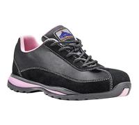 Portwest FW39 Steel Leather Trainer Padded Collar Suede Upper Lightweight | Black/Pink, 6, S1P EN ISO 20345, CE Certified, Specially Designed Fit, Anti-Static Footwear, Durable, Slip Oil Resistant