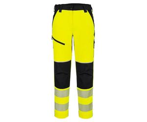 Portwest T141 PW3 Hi Vis Womens Stretch Trouser Titanmill Pro Four Way Stretch Segmented Reflective Tape Reinforced Knees Adjustable Hem Elastic Waist EN ISO 20471 Certified, Yellow/Black, XS