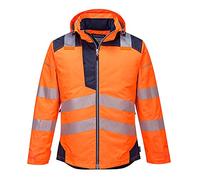 Portwest T400 Men's PW3 Lightweight Hi Vis Hooded Work Jacket Reflective Full Zip Safety Utility Quilt Lined Waterproof Workwear Orange/Navy, X-Large