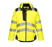 Portwest T400 Men's PW3 Lightweight Hi Vis Hooded Work Jacket Reflective Full Zip Safety Utility Quilt Lined Waterproof Workwear Yellow/Black, Large