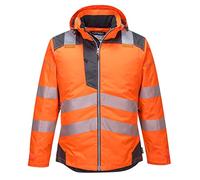 Portwest T400 Men's PW3 Lightweight Hi Vis Hooded Work Jacket Reflective Full Zip Safety Utility Quilt Lined Waterproof Workwear Orange/Black, 3X-Large