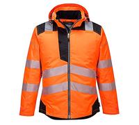 Portwest T400 Men's PW3 Lightweight Hi Vis Hooded Work Jacket Reflective Full Zip Safety Utility Quilt Lined Waterproof Workwear Orange/Black, 4X-Large
