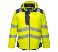 Portwest T400 Men's PW3 Lightweight Hi Vis Hooded Work Jacket Reflective Full Zip Safety Utility Quilt Lined Waterproof Workwear Yellow/Black, X-Small