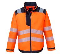 Portwest T500 PW3 Hi-Vis Work Jacket Long Sleeve Waterproof Secure Storage | Orange/Navy, EN ISO 20471 Class 3, RIS 3279-TOM, UPF 50+, Regular Fit, 2 Side Zipper Pockets, Internal Storm Flap, Chin Guard
