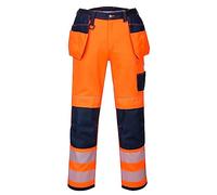 Portwest T501 Mens PW3 Hi Vis Work Trousers - Holster Pocket Workwear Safety Construction Trousers Orange/Navy Short, 36