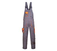 Portwest TX12 Men's Texo Contrast Bib and Brace Work Overalls Workwear Dungarees with Storage Knee Pad Pockets Adjustable Fit Elasticated Back, Grey, L