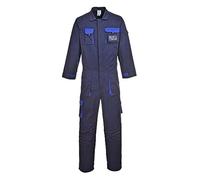 Portwest TX15 Men's Texo Contrast Coveralls Durable Cotton Protective Work Overalls Workwear Knee Pad Pockets Two-Way Zip Elastic Waist Boiler Suit for Mechanics Warehouse Garages DIY, Navy, S