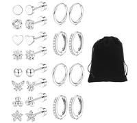 PORUPAEL 12 Pairs Flat Back Earrings for Women and Men, Hypoallergenic Surgical Steel Cartilage Earrings with Black Velvet Pouch, Sterling Silver Style Helix Tragus Piercing Jewelry for Sensitiv Ears