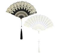PORUPAEL 2 Pcs Eastern Wind Lace Hand Folding Fan, Embroidered Hand Fan Lace with Fringed Spikes, Embroidered Wedding Fan, Japanese Chinese Foldable Handheld Fan for Women