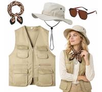 PORUPAEL 4Pcs Safari Costume Set for Women, Zoo Keeper Costume Accessory | Vest Explorer Hat Scarf Sunglasses for Outdoor Adventures Parties Cosplay