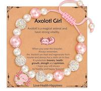 PORUPAEL Axolotl Bracelet for Girls Kids Pink Pearl & CZ Ball/Natural Stone Bracelets Adjustable Imitation Pearl Friendship Bracelet Kids with Axolotl Charms Cute Kawaii Stuff (A)