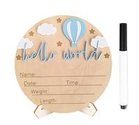 PORUPAEL Hello World Baby Announcement Sign with Stand and Marker Pen - Blue Wooden Round Plaque for Newborn Birth Details, Nursery Decor, and Photo Prop, 15cm/5.9in Diameter