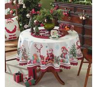 PORUPAEL Red Polyester Christmas Round Tablecloth 60in/150cm Santa Claus Tablecloth Circular Table Cover Washable Polyester Xmas Table Cloth for Christmas Party Dinner Decoration