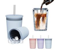 PORUPAEL Silicone Ice Cube Cylinder Cup - 500ml Stainless Steel Liner with Lid & Straw, Dual-Function Ice Maker Cup, Chilling Drink Cup for Coffee Juice, Dishwasher Safe (Purple)