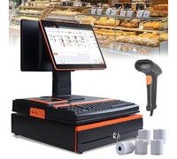 POS Cash Register Machine with Handheld Scanner, 15.6" LED Touch Screen, 58mm Thermal Printer, 5 Rolls Paper for Retail Restaurant