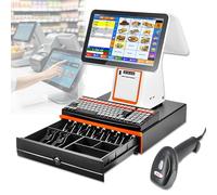 POS System - Dual 15.6" Touch Screen Cash Register with Built-in Receipt Printer, Barcode Scanner Compatible for Retail Restaurant Business, White with Drawer