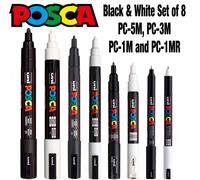 Posca Black & White - Medium to Fine Set of 8 Pens (PC-5M, PC-3M, PC-1M, PC-1MR)