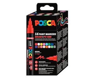 POSCA Mitsubishi Pencil - Pocket 16 Marqueurs PC5BR - Pointe Brush Moyenne, Semi-Flexible - Peinture à Base d'Eau - Tout Support - Couleurs Assofties