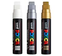 Posca PC-17K Water Based Permanent Marker Paint Art Pens - 15mm Chisel Tip - White, Gold and Silver - Pack of 3