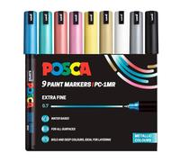 Posca PC-1MR Ultra-Fine Acrylic Paint Marker Pens, 9 Metallic Colours | 9 Standard Colours, 0.7 mm Ultra-Fine Tip, Ideal for All Surfaces, Water-Based, Biodegradable Packaging