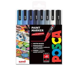 POSCA PC-3M Paint Marker Art Pens - 0.9-1.3mm - Cool Tones Tones Set of 8 Pens in Gift Box