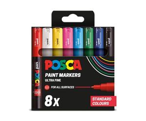 Posca - Standard PC-1M Pack of Paint Markers (Pack of 8) Multisurface Water Based Paint Pens with Extra-Fine 0.7-1mm Bullet Acrylic Felt Tips, for Adult Colouring Books, Scrapbooking, Art and Crafts
