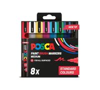 Posca - Standard PC-5BR Acrylic Brush Paint Pens (8pc), Multisurface Water Based Markers Ideal for Rock Painting, Canvas, Glass, Wood, Metal, Fabric, Colouring, Arts and Crafts