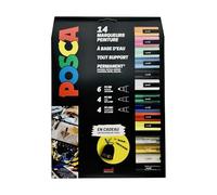 POSCA - Uni Mitsubishi Pencil - Posca Box - 14 Posca Markers - Extra Fine PC1MC / Fine PC3M / Medium PC5M - Water-Based Paint Markers - All Media - Permanent - Free Pouch