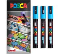Posca Water Based Acrylic Paint Marker Pens | Multi Surface Use Permanent Paint Pen | Pack of 3 Pens in Envelope Gift Packaging | Glass, Fabric, Canvas, Wood etc | PC-5M, Light Blue