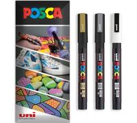Posca Water Based Acrylic Paint Marker Pens | Multi Surface Use Permanent Paint Pen | Pack of 3 Pens in Envelope Gift Packaging | Glass, Fabric, Canvas, Wood etc | PC-3M, Gold, White, Silver