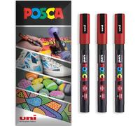 Posca Water Based Acrylic Paint Marker Pens | Multi Surface Use Permanent Paint Pen | Pack of 3 Pens in Envelope Gift Packaging | Glass, Fabric, Canvas, Wood etc | PC-3M, Red